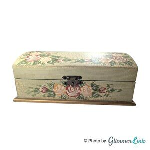Vintage Hand Painted Floral Wooden Chest – Crackle Finish Jewelry Box, 1990s